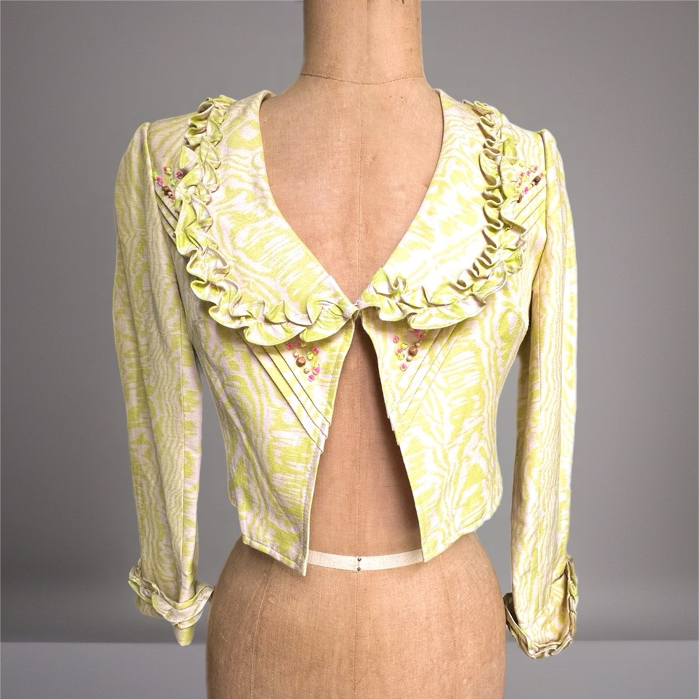 Nannette Lepore Bolero Linen Silk ruffled embroidered Jacket size 0